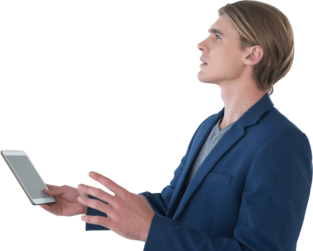 Transparent Businessman with Tablet Looking Thoughtful Taken Behind