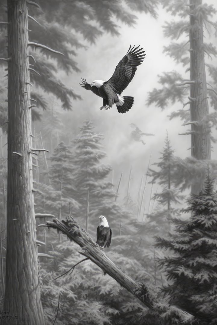 An eagle descends through a misty forest setting - Free Images, Stock Photos and Pictures on Pikwizard.com