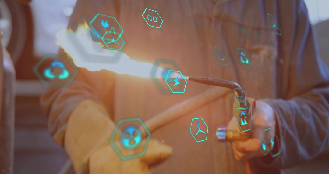 Technician Using Torch with Augmented Reality Icons in Industrial Workshop