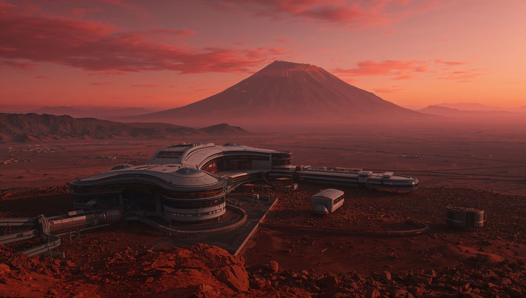 Mars Research Habitat at Red Dusk Featuring Curved Modules and Tubular Corridors