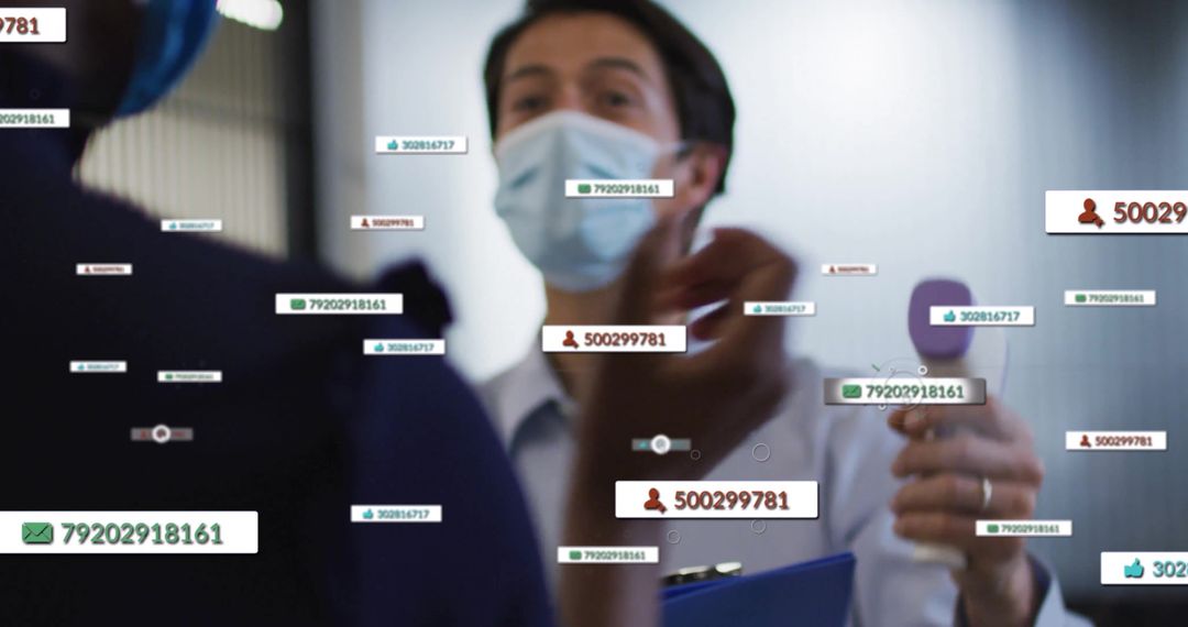 Doctor with Handheld Device Displaying Patient Data Overlays in Clinic Corridor