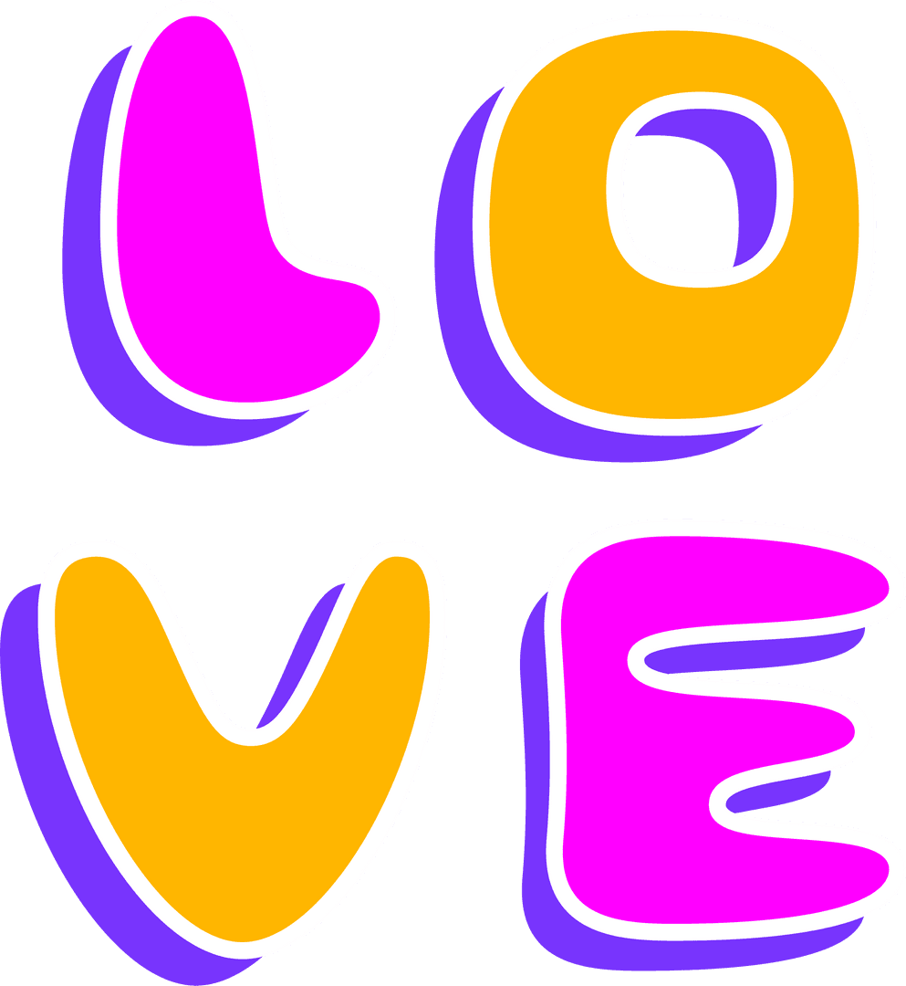 Retro Bubble Letters Love with Purple Shadow on Transparent Background