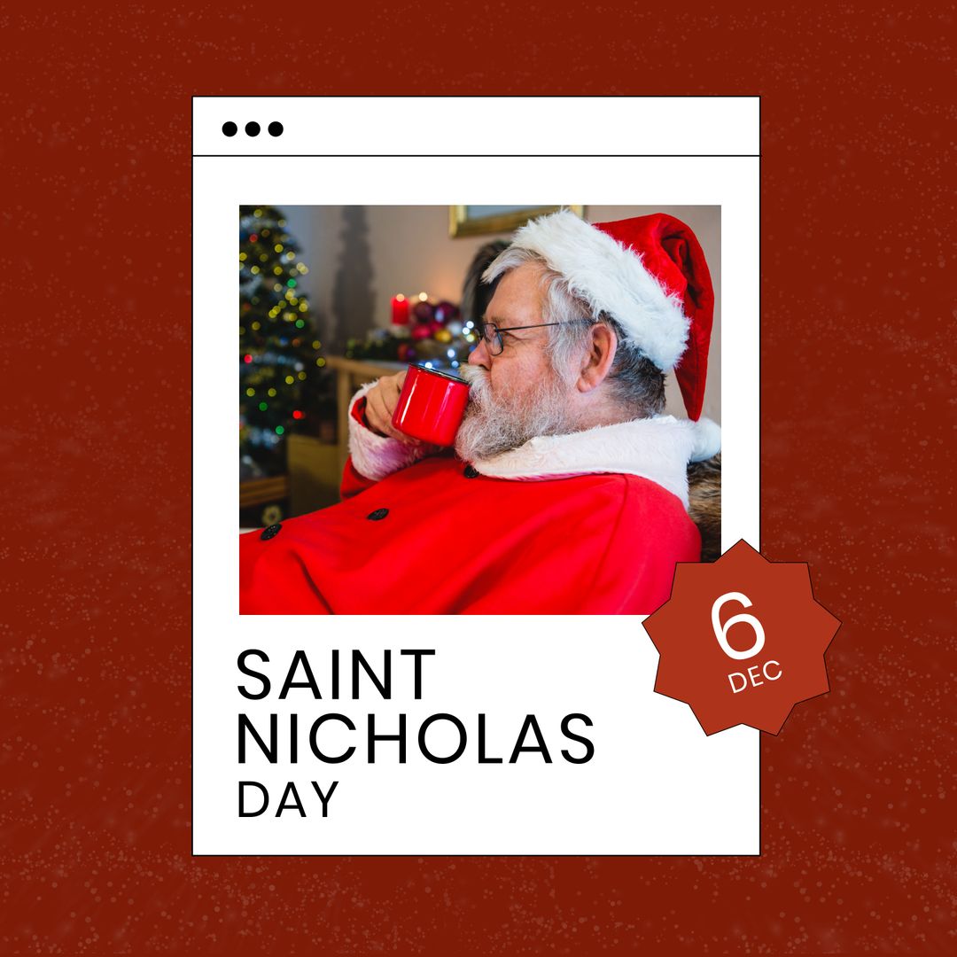 Senior Man in Santa Costume Drinking Coffee for St. Nicholas Day