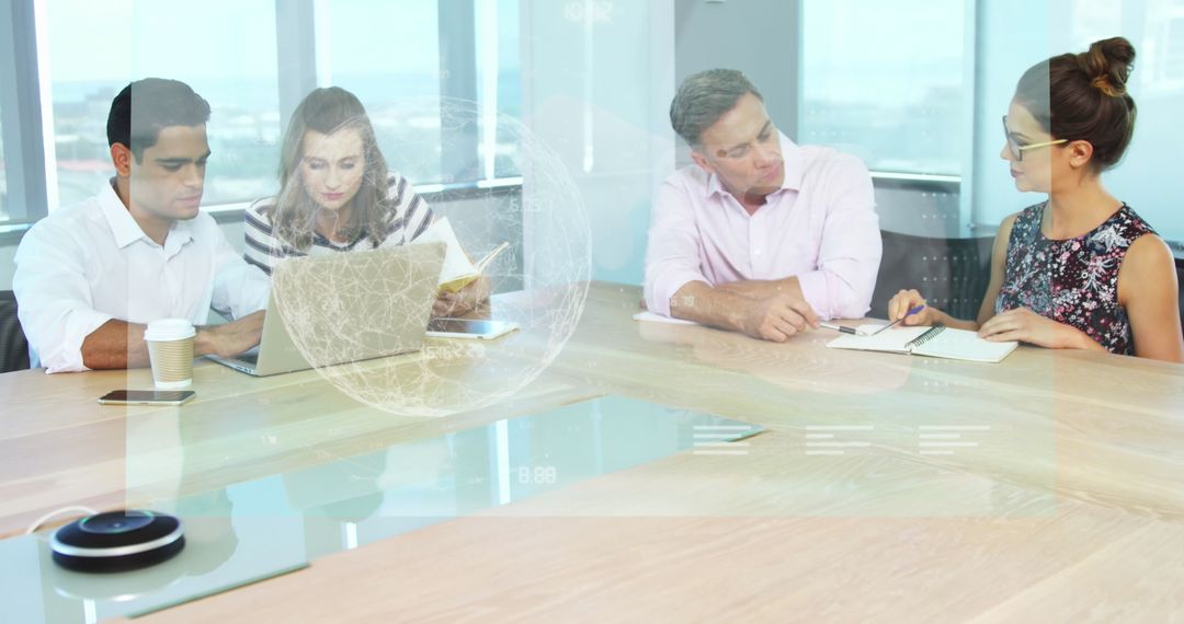 Business Meeting with Digital Interface Overlaid on Diverse Team