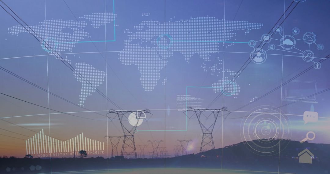 Power Lines at Sunset with Digital Network Overlay Visualizing Connectivity