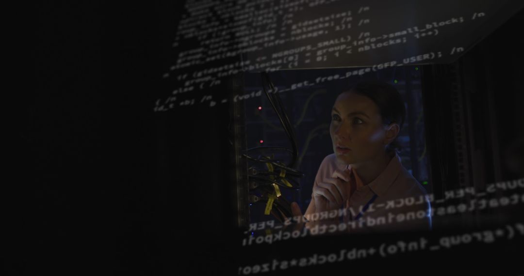 Data Processing Overlay on Female Engineer in Server Room