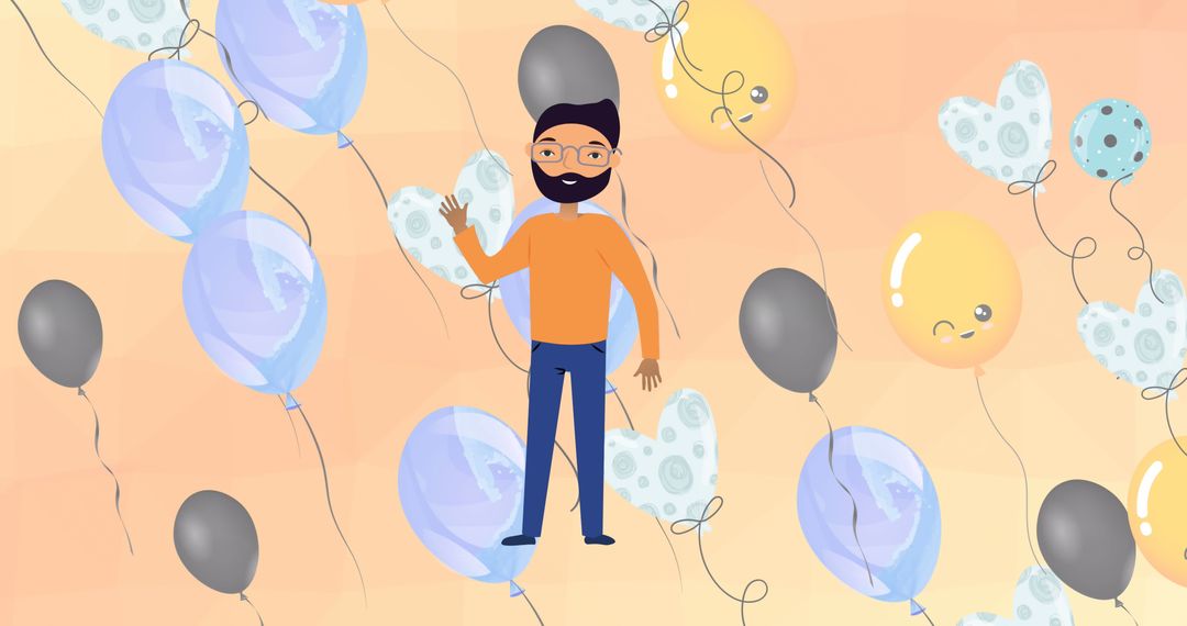 Cheerful Man Waving Amidst Floating Balloons Celebration Concept