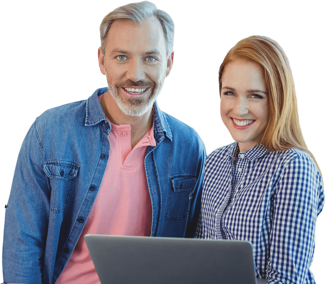 Smiling Business Colleagues Holding Transparent Laptop