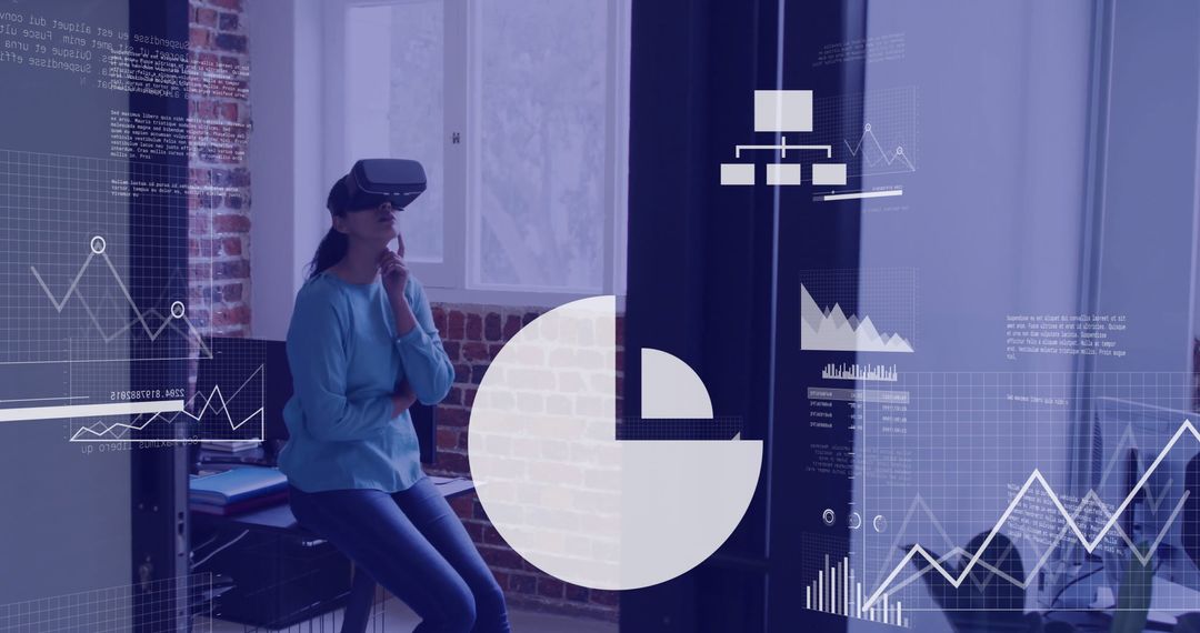 Businesswoman Utilizing VR Headset with Data Visuals Overlay