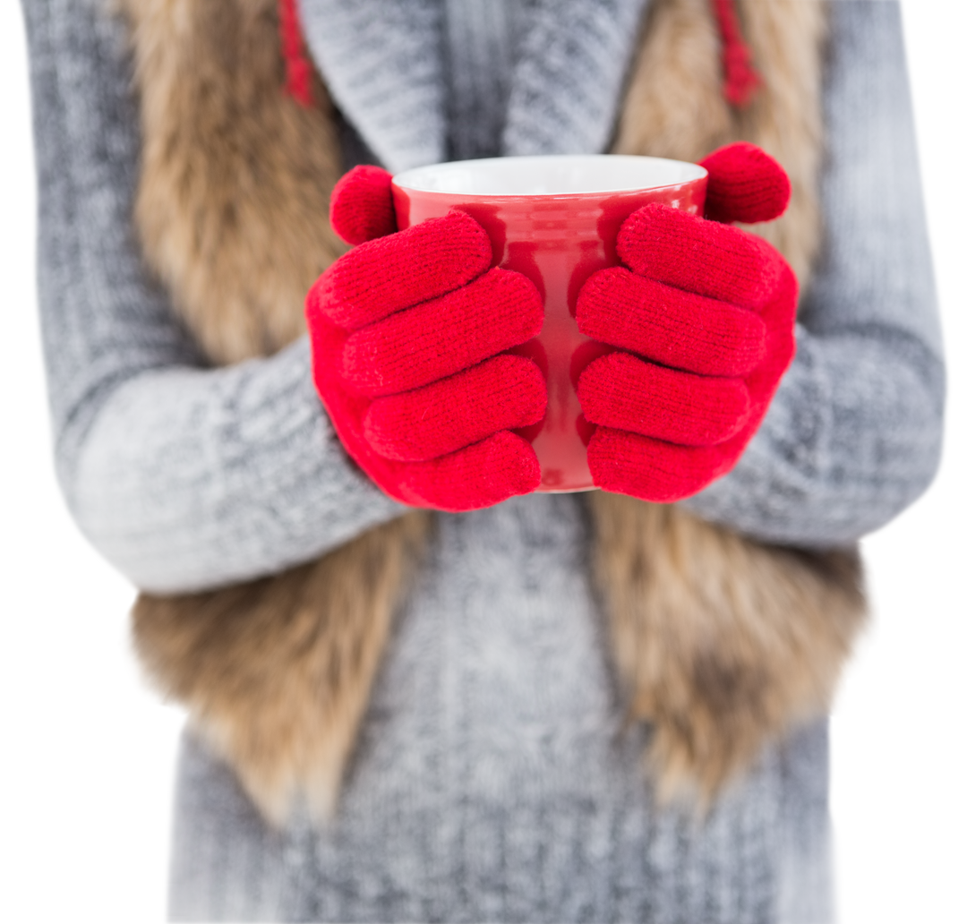 Woman in Gray Sweater and Red Mittens Holding Red Mug Clear Background - Download Free Stock Images Pikwizard.com