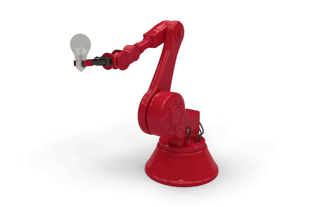 Red Robotic Arm Holding Light Bulb on Transparent Background