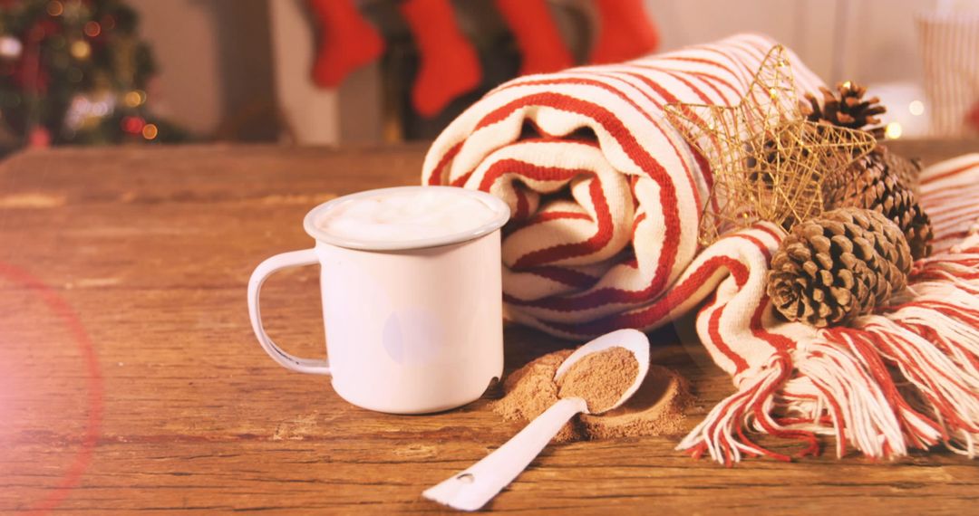 Christmas Setting with Mug and Festive Decorations on Wooden Table