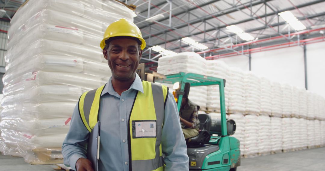 Warehouse Worker Smiling with Forklift in Background - Free Images, Stock Photos and Pictures on Pikwizard.com