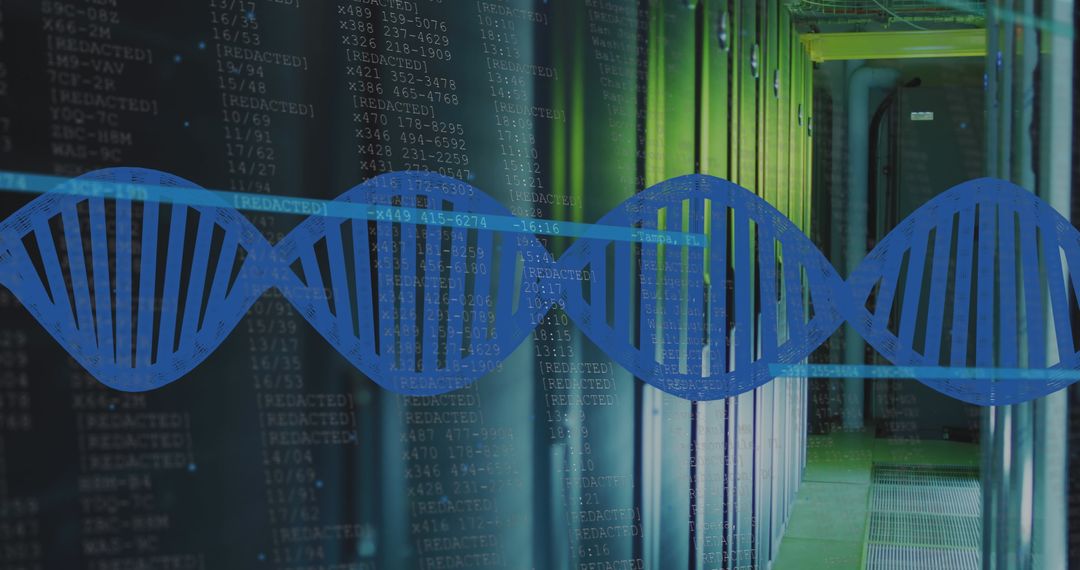 DNA Strand Overlay on Data Servers Illustrating Biotechnology