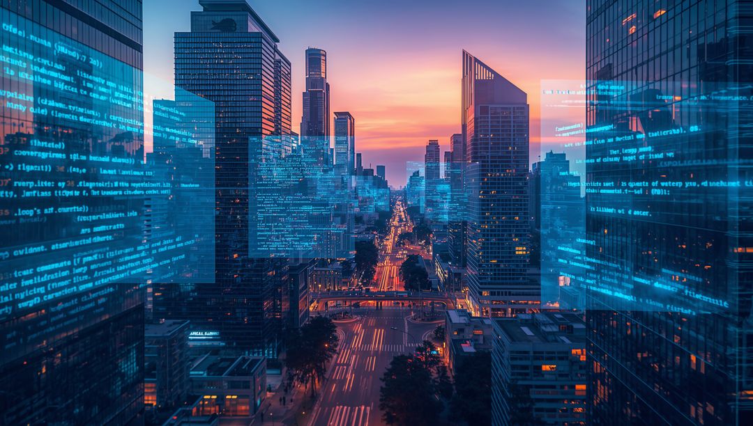 Cyberpunk Cityscape with Digital Code Overlays at Dusk