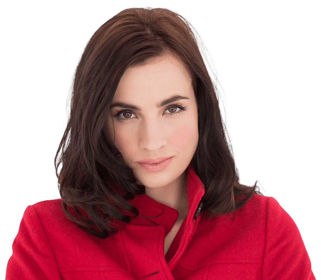 Transparent Portrait of Woman with Dark Hair in Vibrant Red Coat