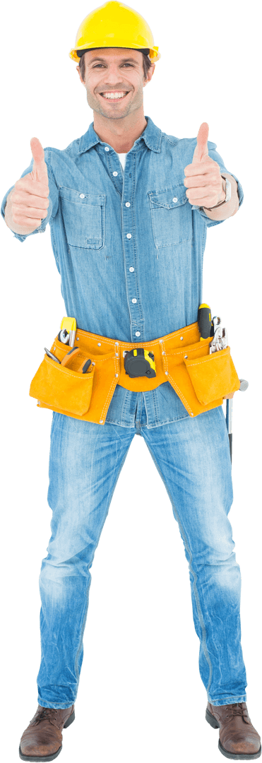 Confident Carpenter Wearing Tool Belt with Thumbs Up Transparent Background