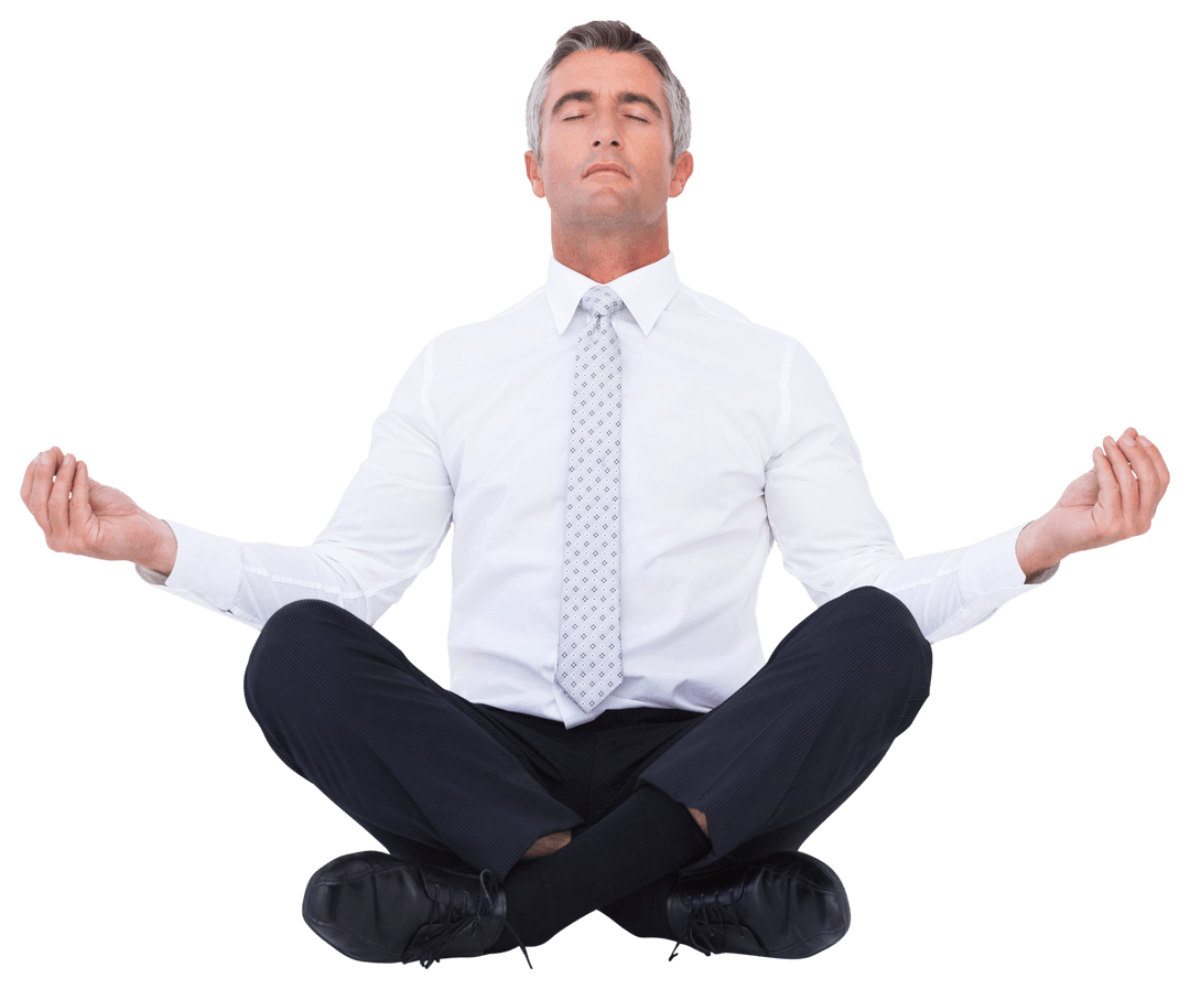 Transparent Businessman Meditating in Lotus Pose Relaxing