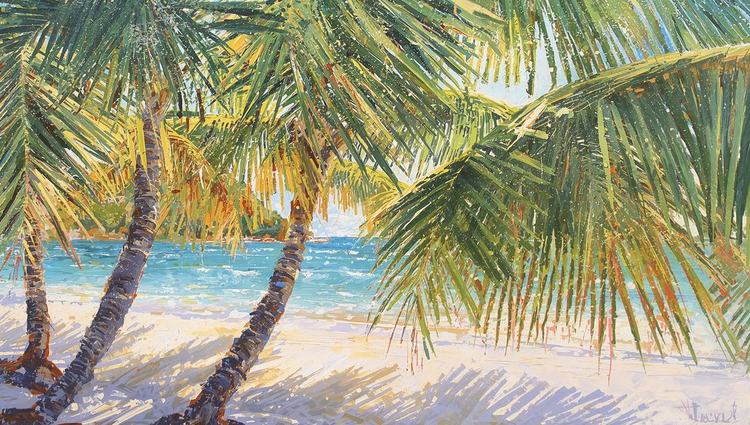 Swaying Palm Trees on Pristine Coastal Beach with Calm Waters