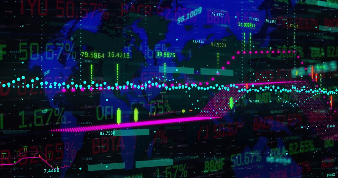 Digital Global Finance Data and Charts Overlay on World Map