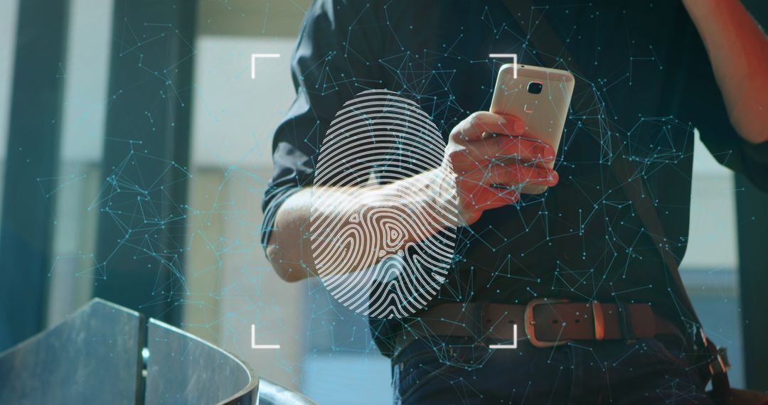 Businessman Using Smartphone with Holographic Fingerprint Scanner