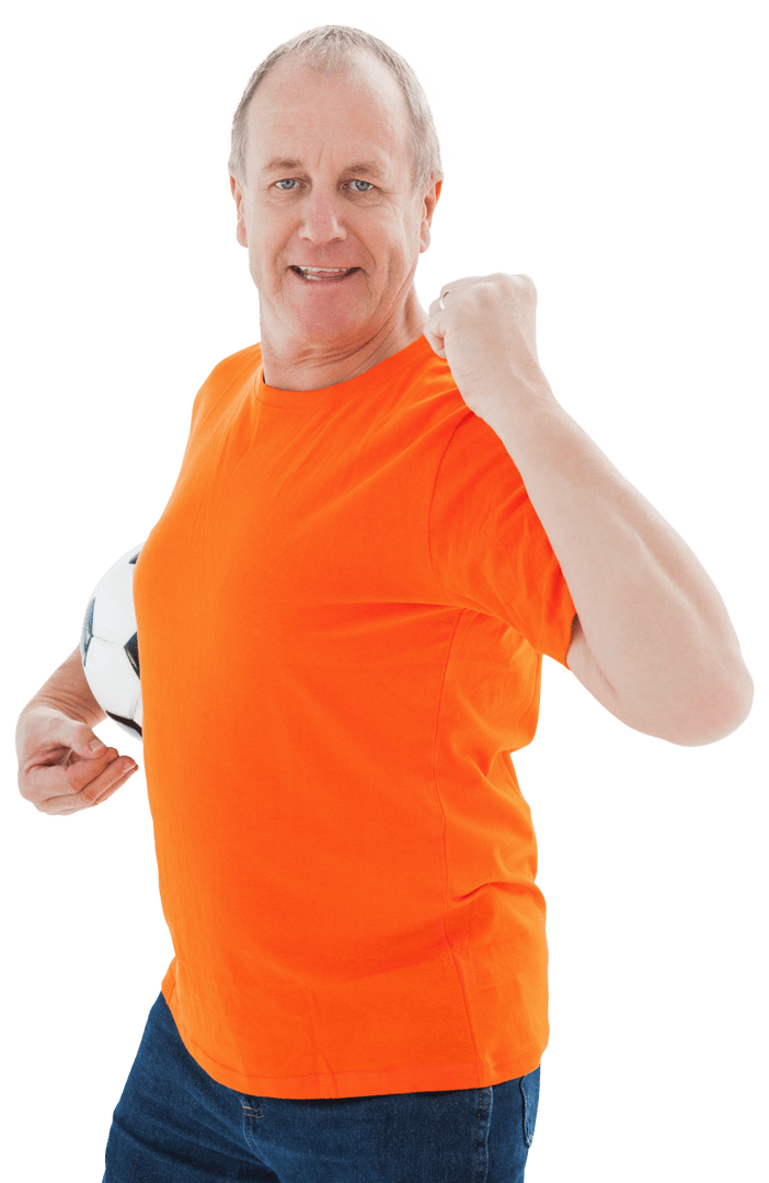 Happy Mature Man Cheering with Football in Transparent Background
