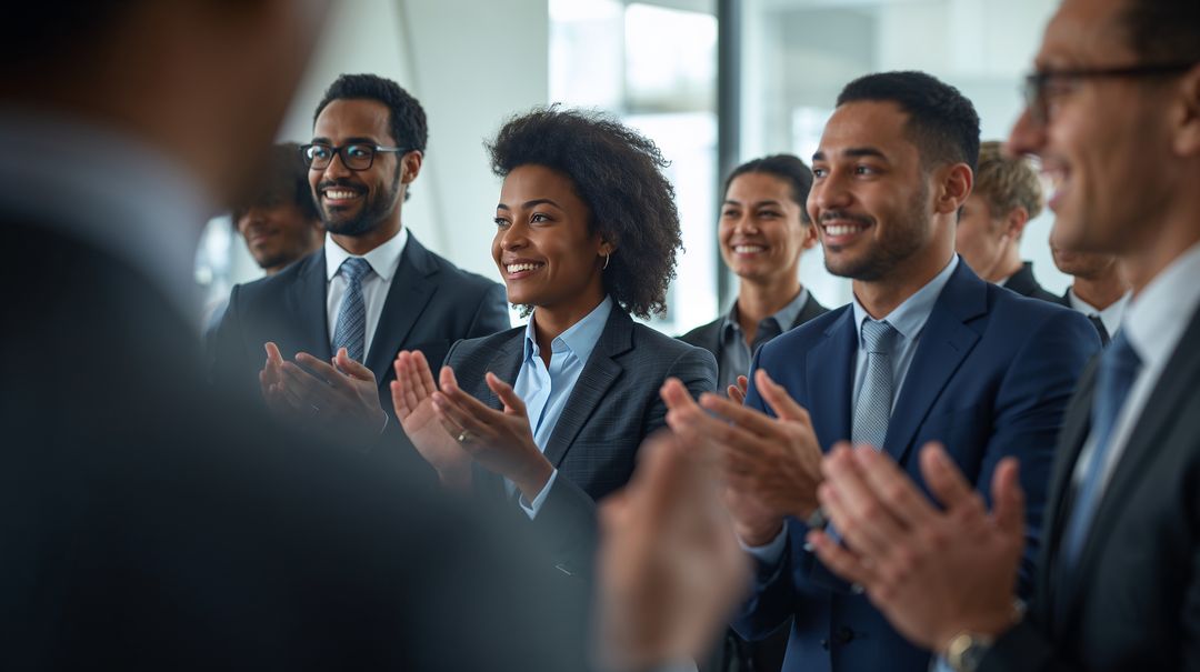 Diverse corporate team applauding during conference presentation, professional audience