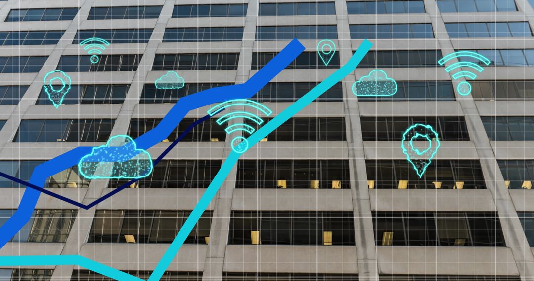 Digital Cloud Technology Icons on Office Building Facade