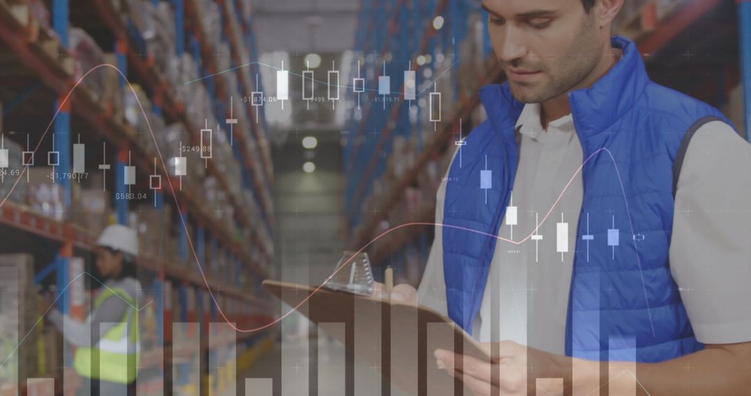 Man Conducting Inventory in Warehouse with Overlaid Data Charts