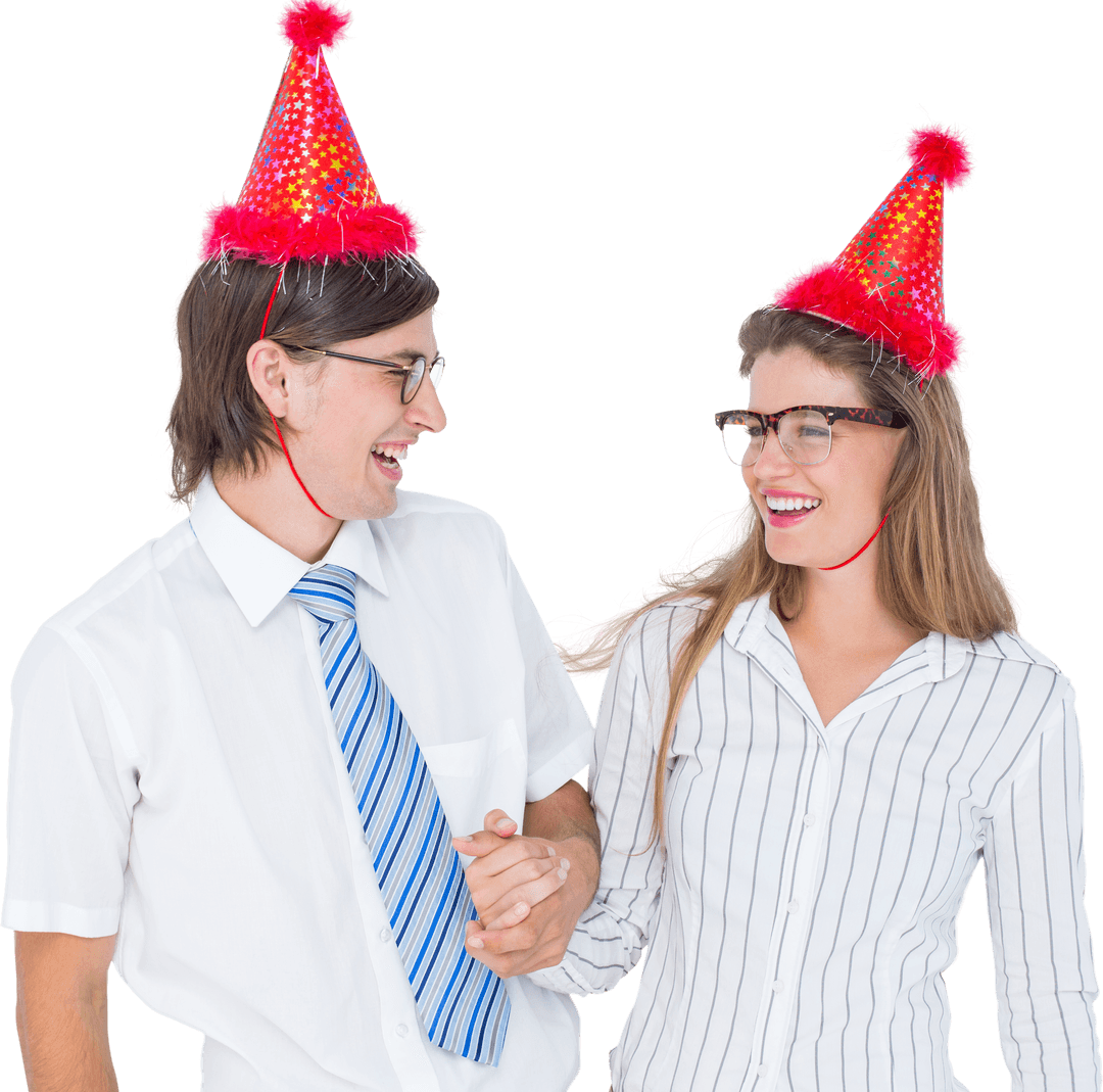 Happy Skeptical Couple in Transparent Party Hats Characters with Diverse Glasses Expression