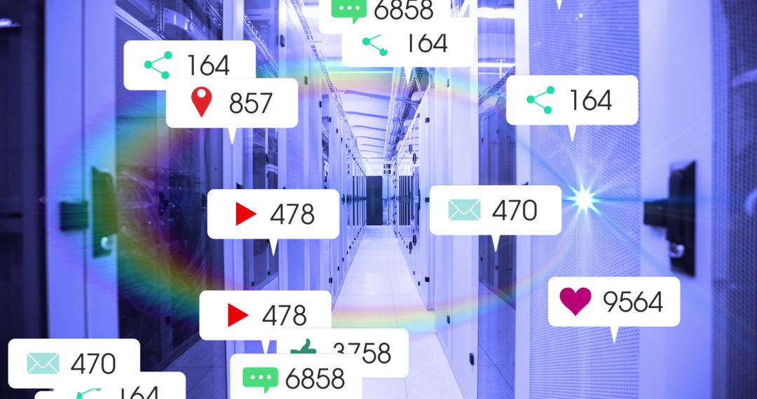 Social Media Engagement Icons Hovering Over Computer Servers