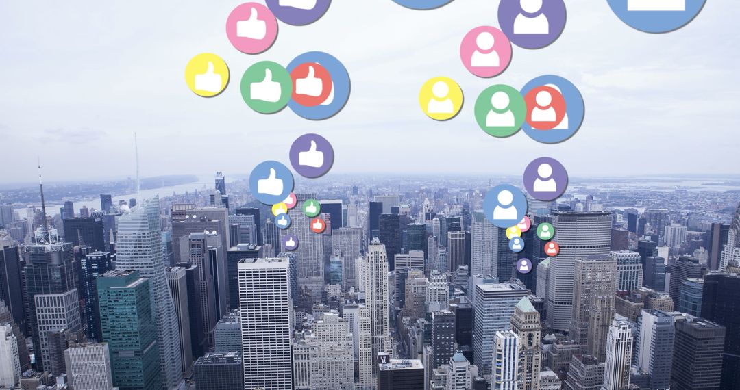 Social Media Icons Hovering Above Urban Skyline