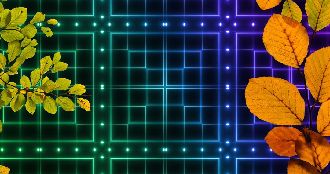 Vivid Autumn Leaves on Neon Grid Background