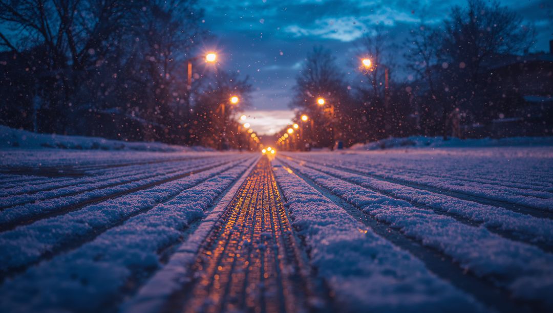 Urban Snowy Street at Dusk with Rows of Distant Lights