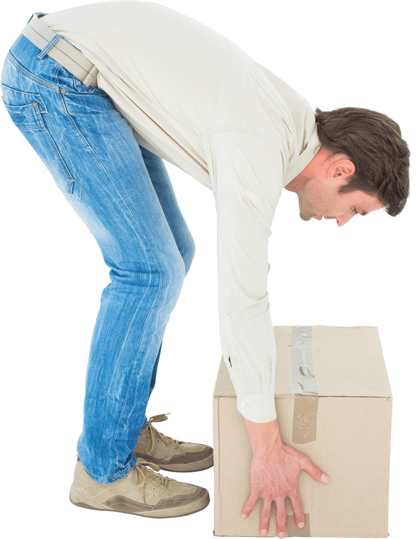 Transparent View Delivery Man Picking Cardboard Box Lightweight