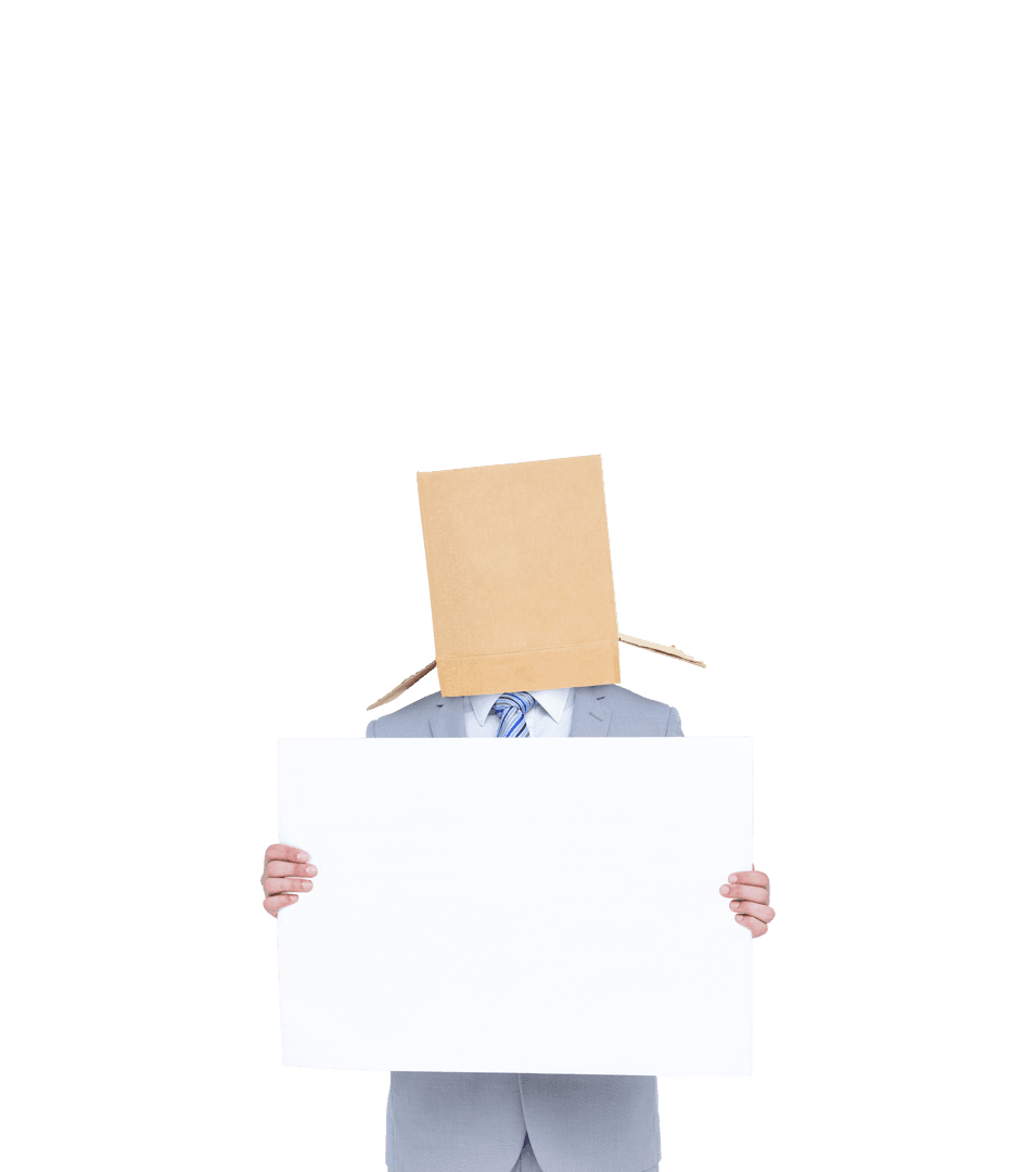 Caucasian Businessman with Box on Head Holding Blank Board on Transparent Background