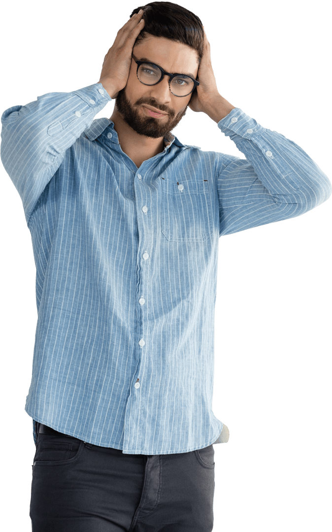 Transparent Portrait of Man Posing in Blue Striped Shirt with Glasses