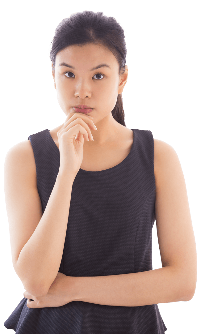 Pensive Asian Businesswoman on Transparent Background