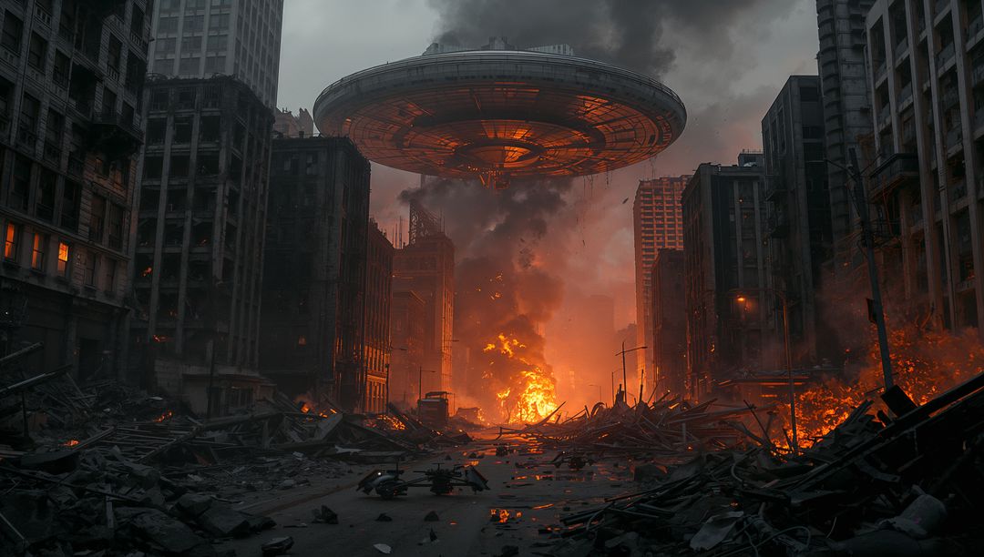 Alien Spaceship Hovering Over Ruins in Apocalyptic City