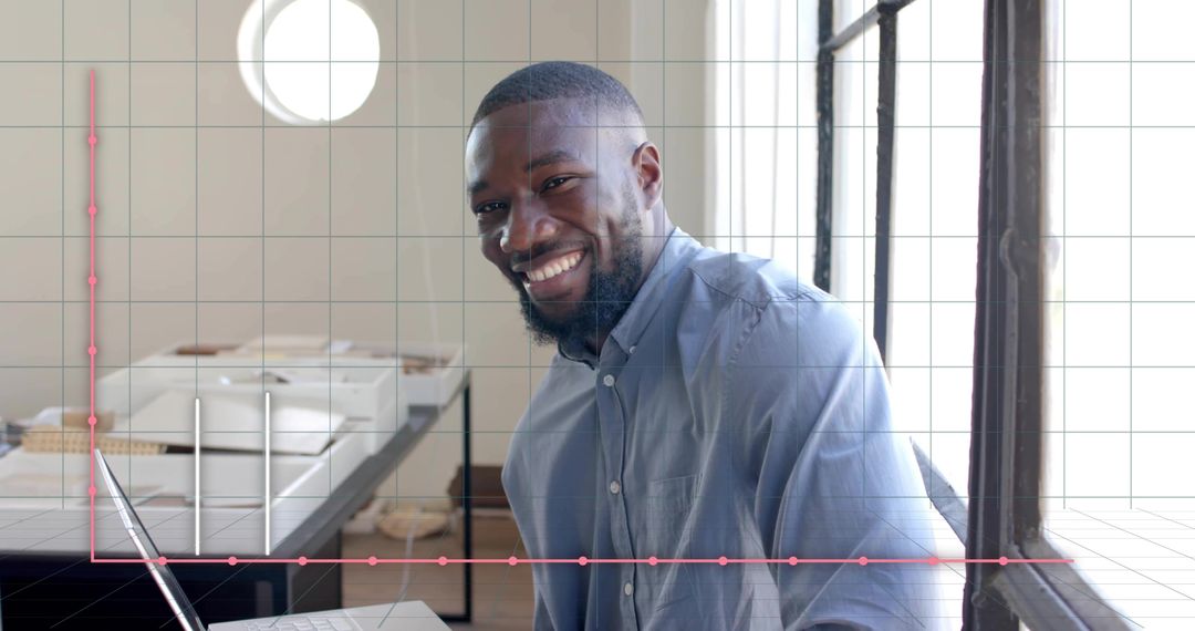 Smiling Professional in Bright Office with Graph Overlay