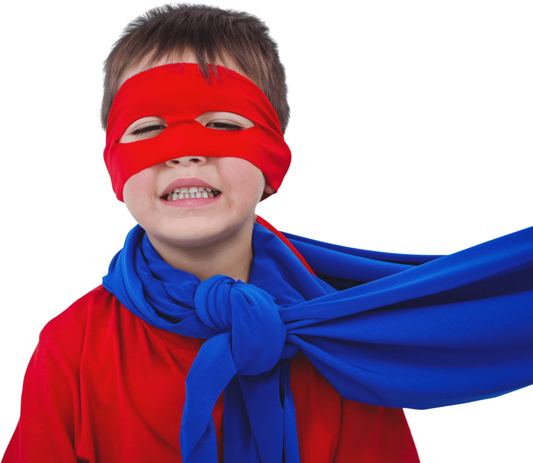 Transparent Masked Boy Pretending to be a Superhero with Red and Blue Cape