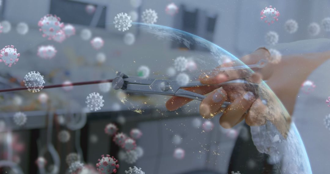 Hand Manipulating Wire with Virus Cells and Globe Light Effects