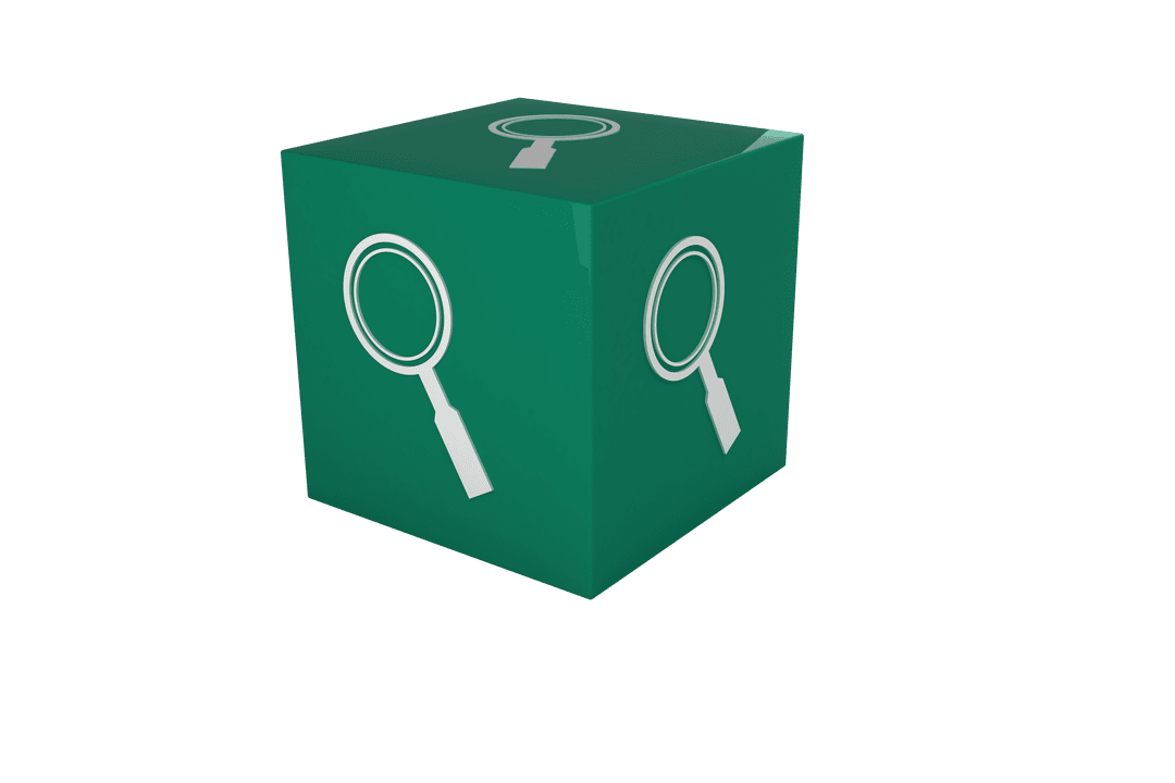 Blue Digital Cube with Magnifying Glass Icon on Transparent Background