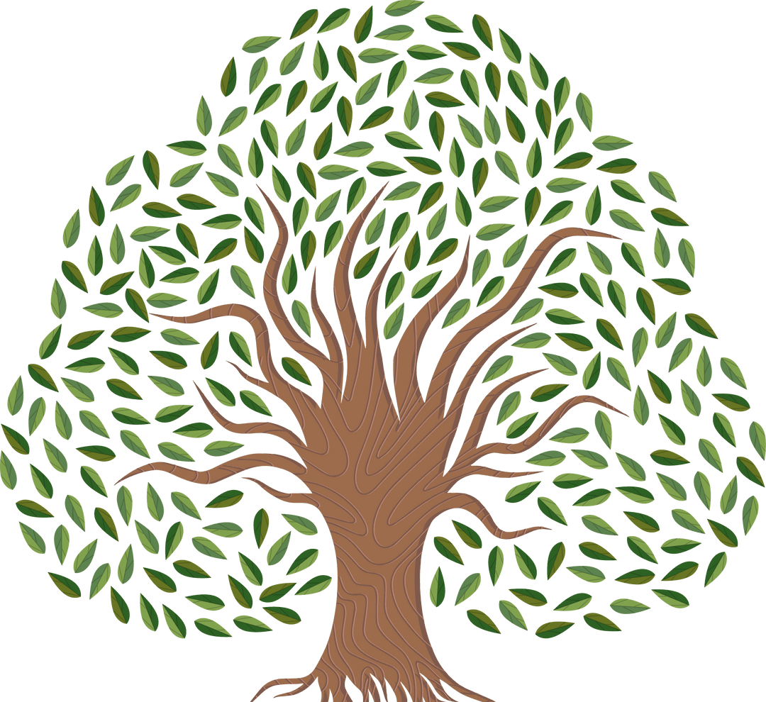 Transparent Background Stylized Tree with Green Leaves and Patterned Trunk