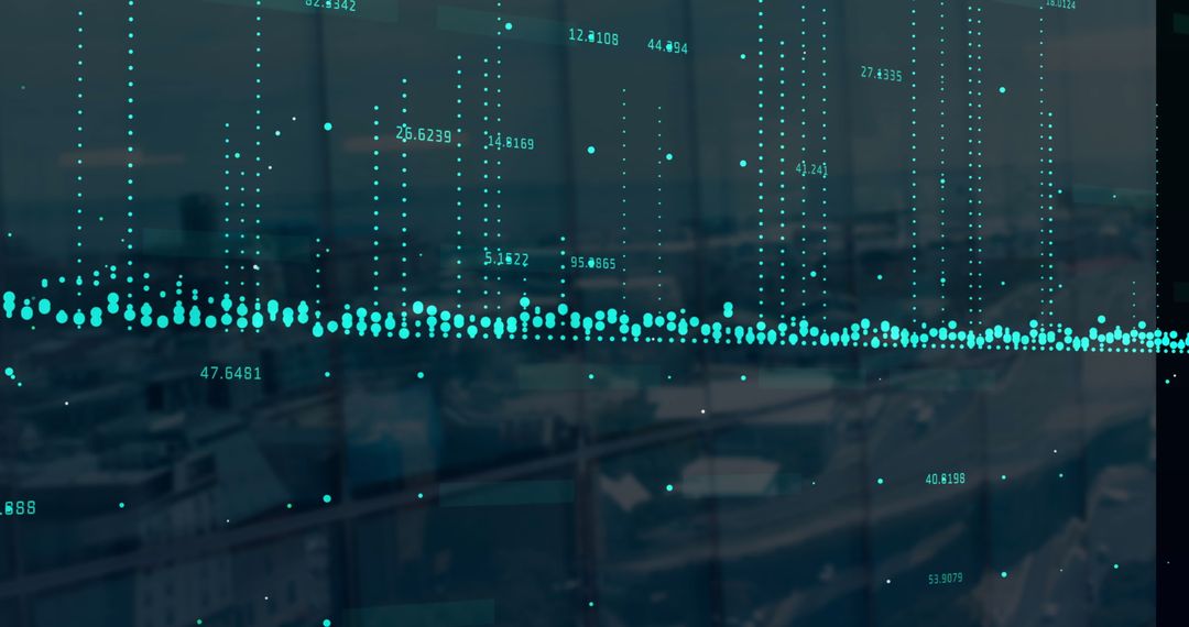 Abstract Data Visualization Overlaying Urban Cityscape