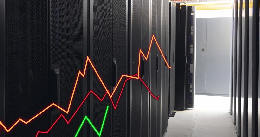 Glowing Graphs Overlay on Data Server Racks in Data Center Room