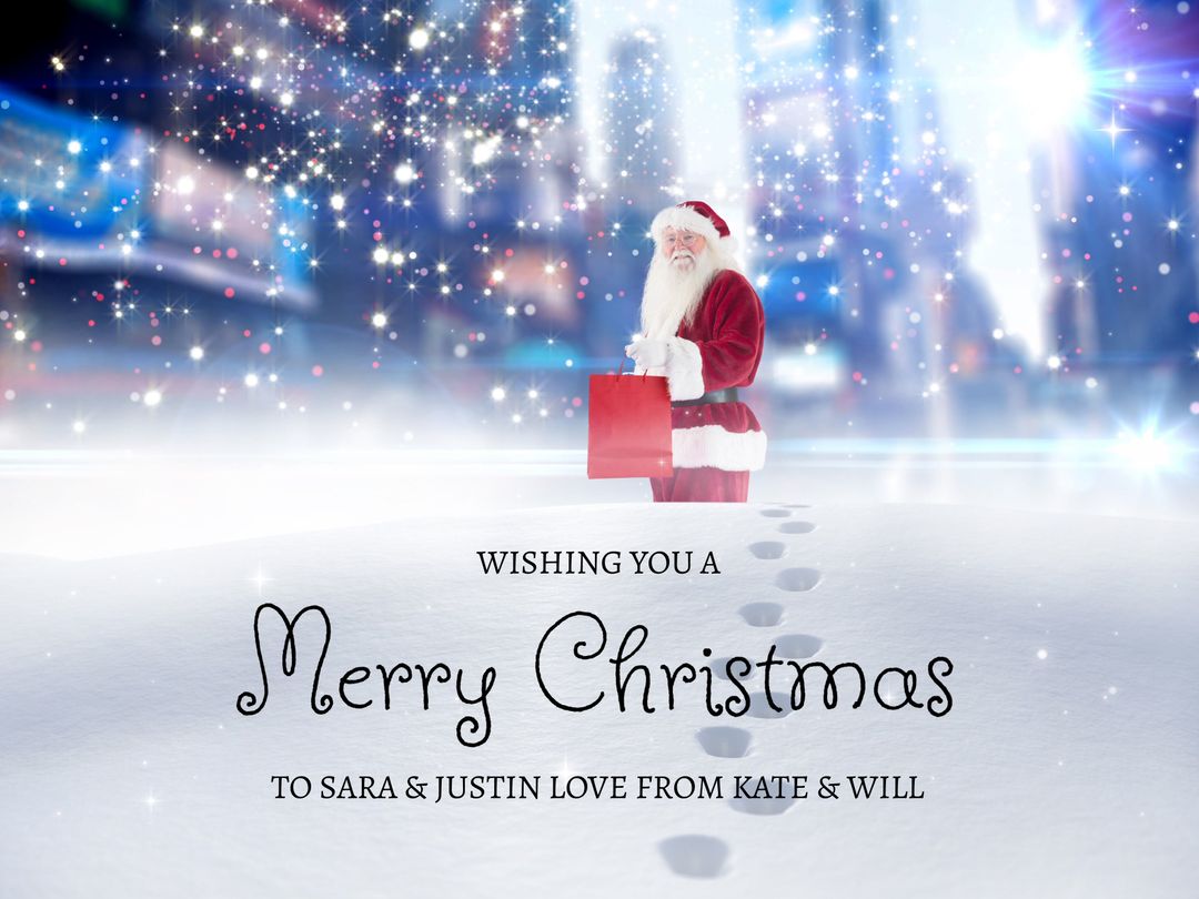 Festive Santa Claus with Sparkling Winter Background and Christmas Message