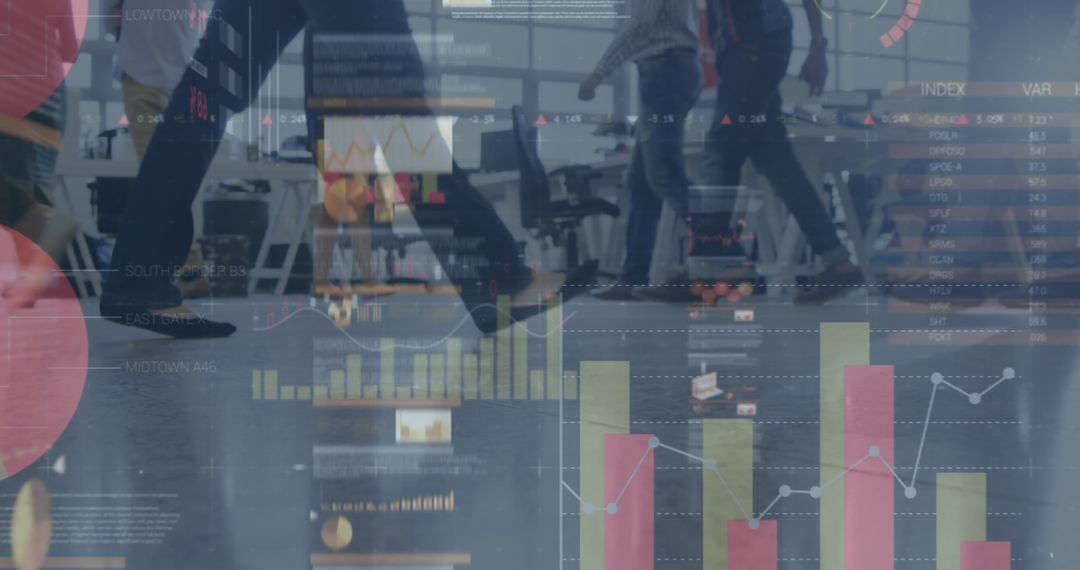 Business People Walking in Office with Financial Data Overlay