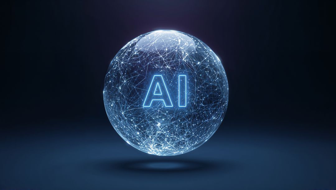 Glowing AI Network Sphere Floating Over Reflective Surface Futuristic Digital Mesh Orb