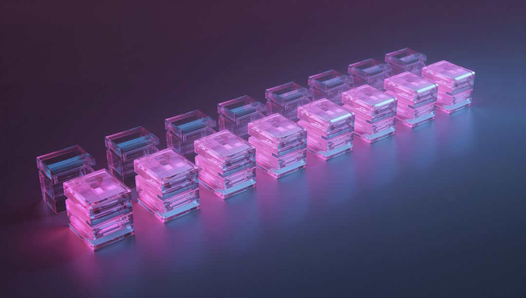 Luminescent Pink Cubes with Reflective Surface in Futuristic Setting